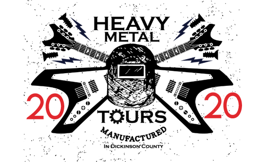 The heavy metal tour logo with two crossing guitars and a welding helmet.