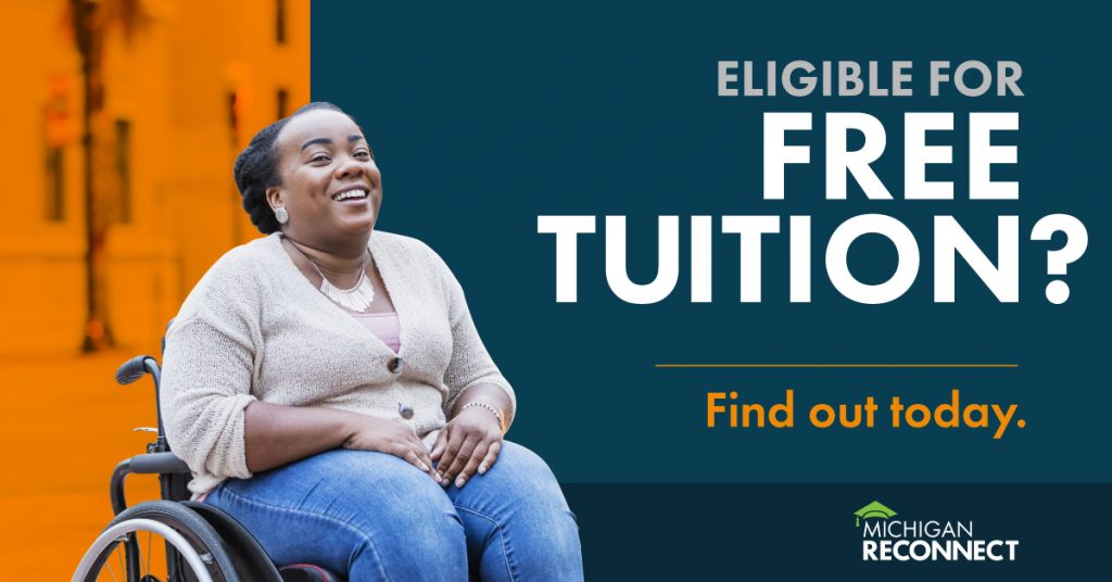 A MI Reconnect social graphic that says, "Eligible for free tuition?"