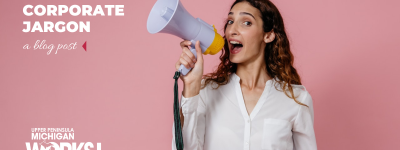 Digital graphic that says, "translating corporate jargon."