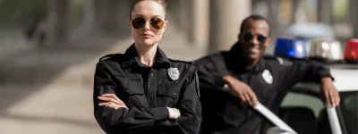 MSP Officer Featured Image. Woman officer is looking at the camera with her arms folded.